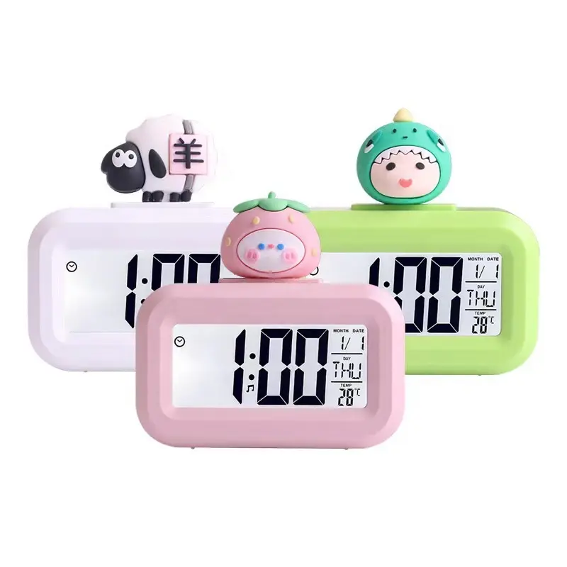 Cartoon Relógio Digital Display de Temperatura Tela Grande Eletrônico Data E Dia Alarme 8 Diferentes Anéis Piggy Shape Desktop Clock