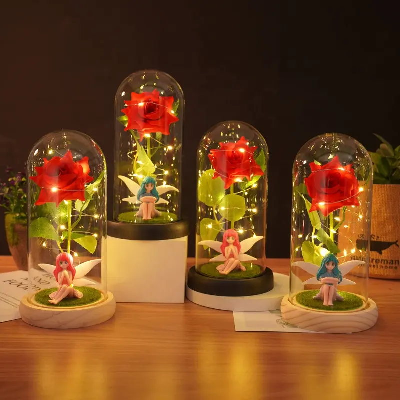 Regalos del Día de San Valentín Rosa artificial en cúpula de cristal con luz LED Flores artificiales decorativas en cúpula de cristal para decoración del hogar