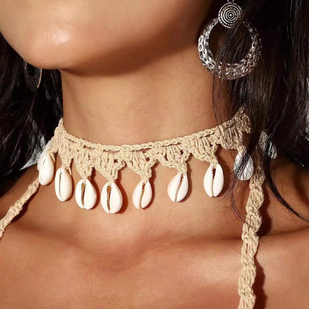 DIY Handmade Waxed Cotton Thread Cowrie Sea white puka Shell Choker Charm Necklace Women Jewelry