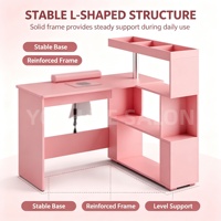 Table à ongles en forme de L rose avec étagère ouverte multi-niveaux, grand plateau de travail, poste de manucure pour salon de beauté et spa