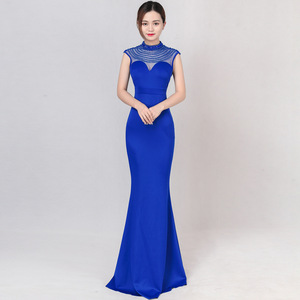 Robe longue de soirée en coton <span class=keywords><strong>bleu</strong></span> à perles, col rond, sans manches, coupe poisson, pour femmes - Product Image 5