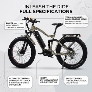 Vélo de montagne électrique à <span class=keywords><strong>moteur</strong></span> central 48V <span class=keywords><strong>1000W</strong></span>, pneus larges de 26 pouces, batterie 17,4 Ah, suspension intégrale, frein à huile, 8 vitesses, personnalisable - Product Image 6