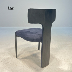 Contemporary Artistic T-Back <b>Dining</b> Chair Dark Blue Velvet Black Frame for Commercial Villa - Product Image 4