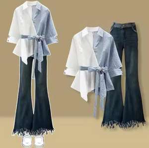 Abito di moda Casual Patchwork camicia Jeans larghi due pezzi completo <span class=keywords><strong>taglie</strong></span> forti set completo da <span class=keywords><strong>donna</strong></span> - Product Image 6