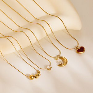 Kalung baja tahan karat berlapis emas antik mode kalung zirkon bulan hati Enamel kalung perhiasan berkelas - Product Image 1