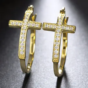 RINNTIN OE142 Trendy Women Jewelry Iced Out Cubic Zirconia Crystal Bling Gold Plated Cross Huggies Hoop Earrings