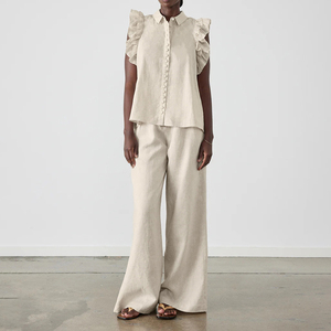 قميص بأكمام بغطاء كشكش بأزرار سادة وبنطلون قطني عريض الساق عالي الخصر طقم من قطعتين Patalon Et Haut Pour Mujer Dame - Product Image 1