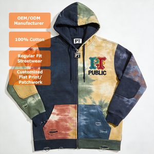 Sudadera con capucha para hombre ODM/OEM de moda, personalizada, con teñido anudado, bordado plano, estilo vintage, bloques de color, cremallera y efecto desgastado - Product Image 1