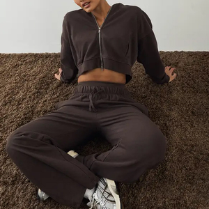 Conjunto de Sudadera con Capucha y Pantalones Deportivos para Mujer, Personalizado, de Alta Calidad, Ecológico, de Algodón Blanco, con Cierre Completo, Corte Ajustado y Recortado - Product Image 2