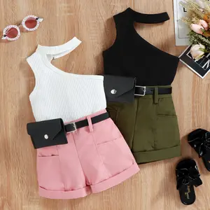 Children's wear - Girls' suits - trendy summer sleeveless, off-the-shoulder pit top + cuffed shorts+bag