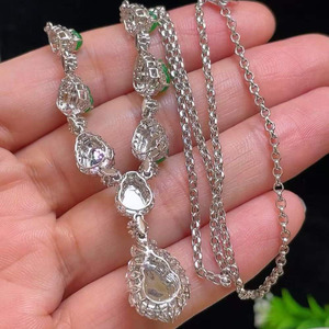 Vibrant Imperial Green Jadeite Gourd <b>Statement</b> <b>Necklace</b>, 18K White Gold Diamond Cluster Setting Natural Jade Fine Jewelry - Product Image 4