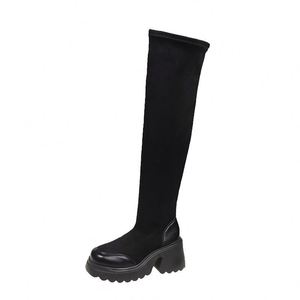 New Chelsea Knee-Length Women's <b>Boots</b> with Thick Heel and Suede Decoration Stylish & Comfortable for Winter/Summer Daily Wear - Product Image 5