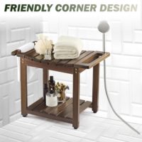Banc de douche en bois avec poignée intégrée et douchette, siège de douche pour vestiaire avec étagère de rangement