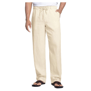 Pantalons décontractés pour hommes en coton et lin, vente en gros, taille mi-haute, fermeture éclair, légers, sergé, devant plat, Oxford, poche droite - Product Image 1