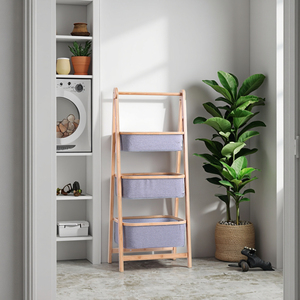 Cesto <span class=keywords><strong>in</strong></span> Bambù Naturale con <span class=keywords><strong>Tessuto</strong></span>, Ecologico e Durevole. Design Pieghevole Salvaspazio, Scaffale a Tre Livelli - Product Image 3