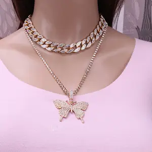 Pendentif papillon couleur or argent chaîne cubaine charme cubique rose chaîne de Tennis collier hommes femmes Hip Hop bijoux cadeau