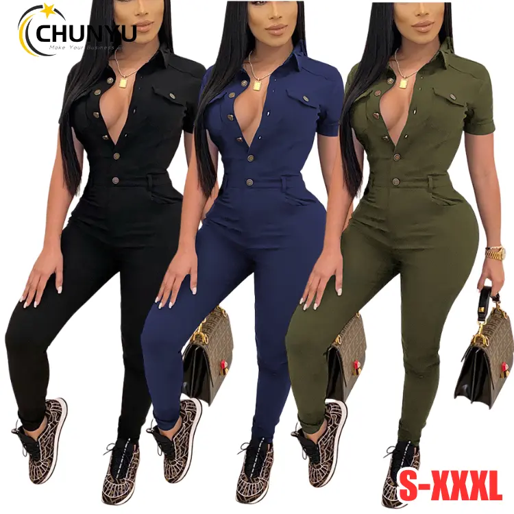 Dames V-Hals Sexy Jumpsuit Korte Mouw Revers Knoop Bodycon Lange Broek Club Outfits Rompertjes Met Zak