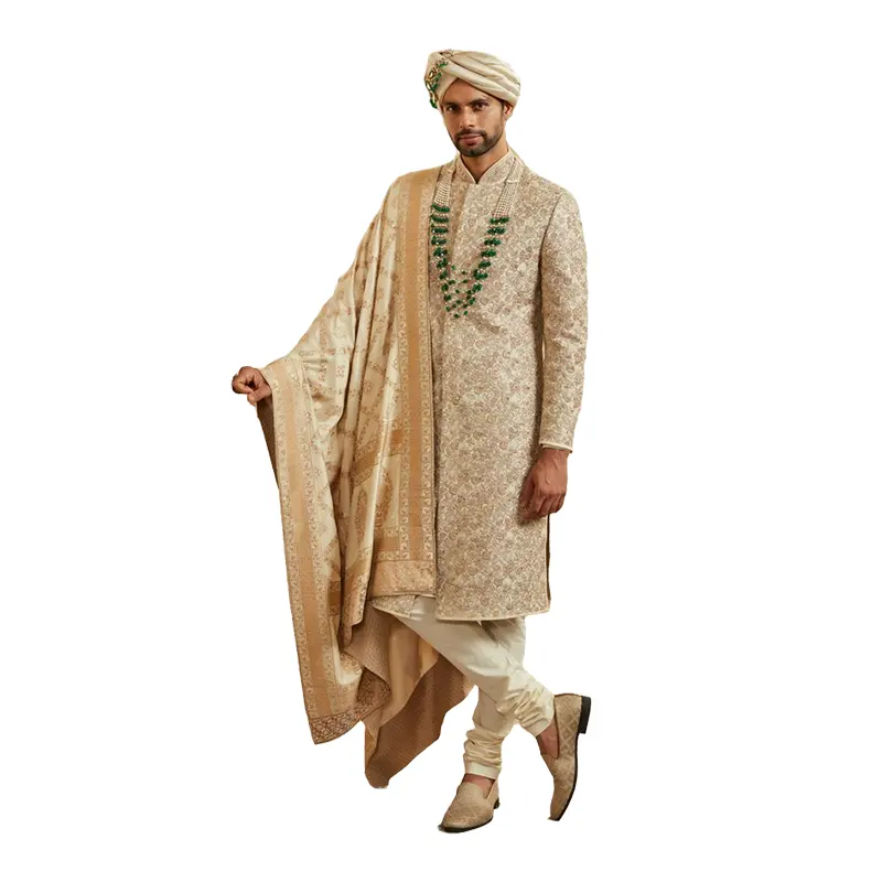 9093 gaya terbaru tren koleksi untuk pengantin pria brokat emas bordir mewah indah sherwani untuk pria pernikahan