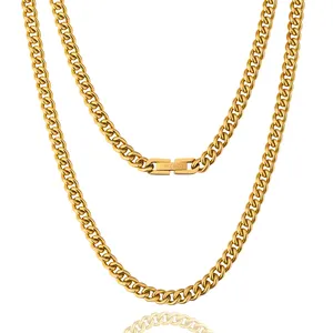 Fashion Necklace Non Tarnish Waterproof Jewelry 5mm 18K Real Yellow Gold Plated 316l Stainless Steel Men Miami Cuban Link Chain