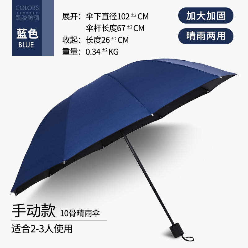 Parapluie extra-large en vinyle noir à 10 os, modèle manuel bleu marine