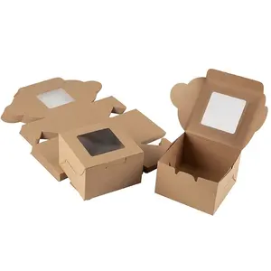 Cajas de embalaje cuadradas para pasteles y panadería, con ventana, Papel Kraft marrón y blanco, personalizado para alimentos, 8 pulgadas