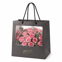 Sacs en papier pour fleurs avec fenêtre transparente, logo personnalisé KM, gris foncé, poignée en corde noire, dorure à chaud, pour fleuristes et mariages