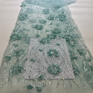 Dentelle brodée de fleurs 3D bleues faites à la main, perlée, en <span class=keywords><strong>tulle</strong></span>, avec sequins épais sur toute la surface, pour robe de mariée, robe de soirée, robe de scène ou robe de cérémonie - Product Image 4