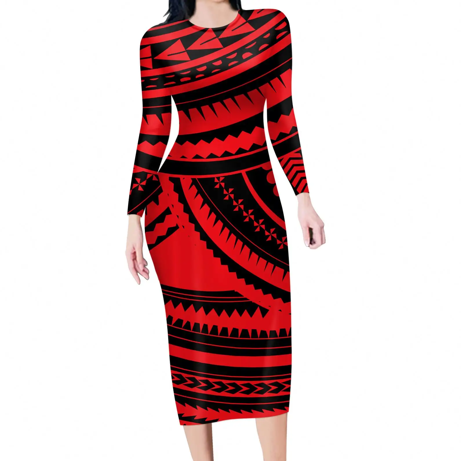 נשים חדש ארוך שרוול שמלת חלקה שבטי הוואי פולינזי אי אדום דפוס נשים שמלה אלגנטי Midi שמלת נשים ללבוש