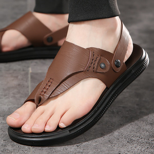Tongs en cuir véritable pour hommes, été, extérieur, semelle en caoutchouc antidérapante, tongs ouvertes avec boucle - Product Image 1
