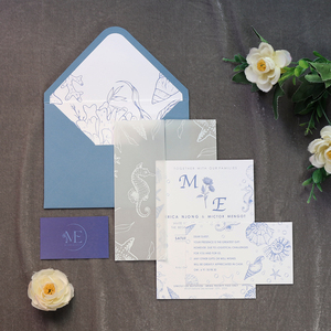 Juego de Invitaciones de Boda de Lujo en Papel Vellum Azul Polvoriento, con Diseño Náutico de Conchas Marinas, Caballitos de Mar y Estrellas de Mar, Monograma, Tarjeta de Regalo, Impresión Personalizada - Product Image 2