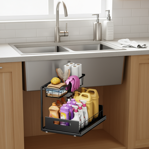 Organizador de fregadero de metal negro de 2 niveles, estante de almacenamiento para gabinete de cocina y baño, diseño industrial independiente - Product Image 2
