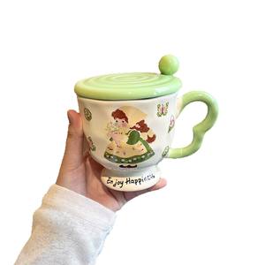 Mug en céramique avec couvercle et cuillère, tasse à pied au design de dessin animé pour café, petit-déjeuner, usage domestique, tasse individuelle - Product Image 3