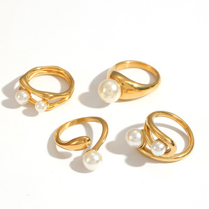 แหวนมุกผู้หญิง ชุบทอง 18k ดีไซน์เรขาคณิต ประดับขอบ สำหรับใส่ทุกวัน - Product Image 3