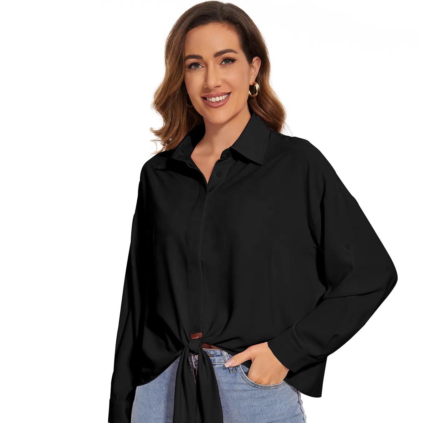 Groothandel Nieuw Ontwerp Elegante Turn-Down Kraag Dames Kantoor Blouse Tops Lang Voor Vrouwen Zwarte Mode Elegante Kleding