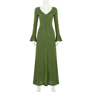 European Fashion Sexy <b>Vintage</b> Style Knit Button Front High Slit Flared Sleeve Deep V Neck Midi <b>Dress</b> <b>for</b> <b>Women</b> - Product Image 6
