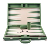 Jeu de Backgammon Vert de 23 Pouces en Cuir Véritable, Grand Modèle de Tournoi, avec Pions, Jetons et Dés en Bois et Métal Personnalisés