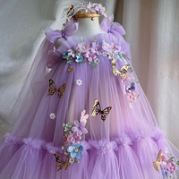 2025 filles robe de bal robe violet papillon ailes nouvelle fleur maille moelleux gaze jarretelle dentelle princesse robe pour les mariages