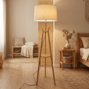 Modern Luxury Beige Fabric Shade High Brightness Floor Lamp Bamboo Body E27 Base Dome Design Tripod <b>Stand</b> Wooden Corner Living - Product Image 2