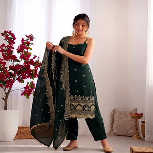 Green Traditional Indian Pakistani <b>Women</b> <b>Kurta</b> Set With Dupatta Floor-Length Silk Ethnic Outfit All Seasons Regular Fit - Product Image 1
