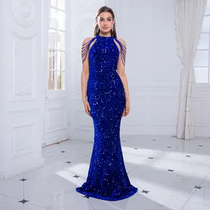 Sequin Stretch off shoulder beads High Neck Elegant Prom Maxi Dress Backless Evening Party Dress Blue Green Black