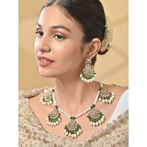 Ensemble collier ras du cou et boucles d'oreilles perles vertes Kundan pour femmes indiennes bijoux pour mariage fête bouddhiste religieux - Product Image 6