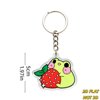 Porte-clés en acrylique grenouille verte mignonne câlinant une fraise, design animal et fruit, bord transparent, chaîne à anneau métallique, accessoire amusant sur le thème des collations