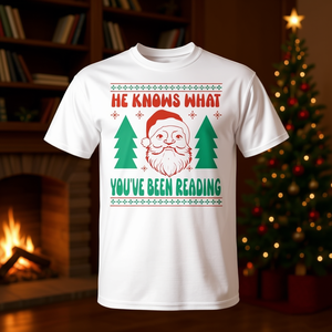 T-shirt pour les amateurs de livres de Noël, avec motif de Noël « Il sait ce que vous lisez », blanc, taille M - Product Image 3