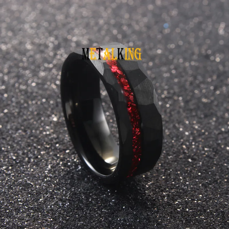 Metalking Jewelry 8mm Black Hammer Tungsten Ring With Red Germany Glass Stone Inlay Wedding Band For Men