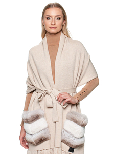 Chal de Cachemira Beige con Bolsillos de Piel de Chinchilla y Flecos, Abrigo de Cachemira Tejido, Chal de Piel, Envoltura Larga de Cachemira para Boda, para Mujer - Product Image 4