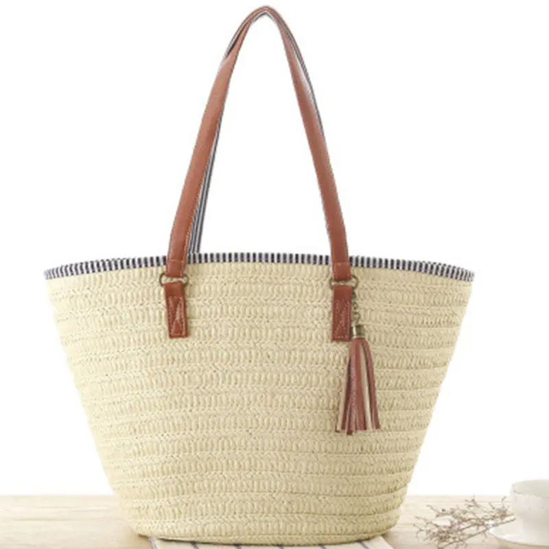 Wholesale Eco Friendly Fringe Custom Shoulder Large Tote With Tassel Straw Rattan Beach Bag