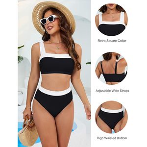 Conjunto de bikini de cintura alta para mujer, con bloques de color, cuello cuadrado, control de abdomen, traje de baño deportivo de 2 piezas para curvas - Product Image 4