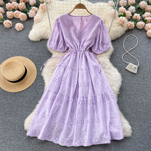 LY5059 nuovo stile coreano <span class=keywords><strong>Chic</strong></span> in tinta unita con scollo a V ricamato abito Midi <span class=keywords><strong>donna</strong></span> abiti dolci <span class=keywords><strong>abbigliamento</strong></span> all'ingrosso 5 - Product Image 5