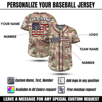 Maillot de baseball personnalisé POD avec broderie camouflage et motif drapeau américain vieilli, nom et numéro d'équipe personnalisés