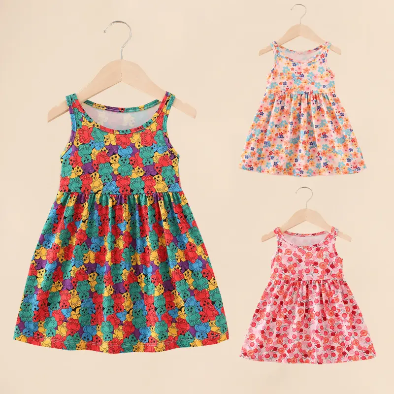 1-7 년 어린 소녀 면화 Smocked 드레스 민소매 캐주얼 여름 Sundress 꽃 인쇄 점퍼 스커트